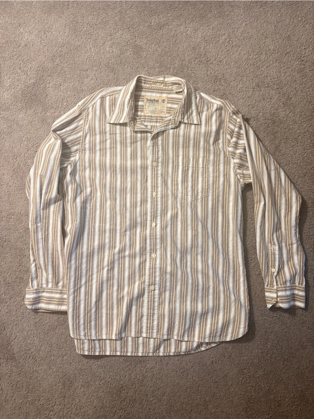 Timberland Striped Button-Up Shirt in White, Tan & Light Blue